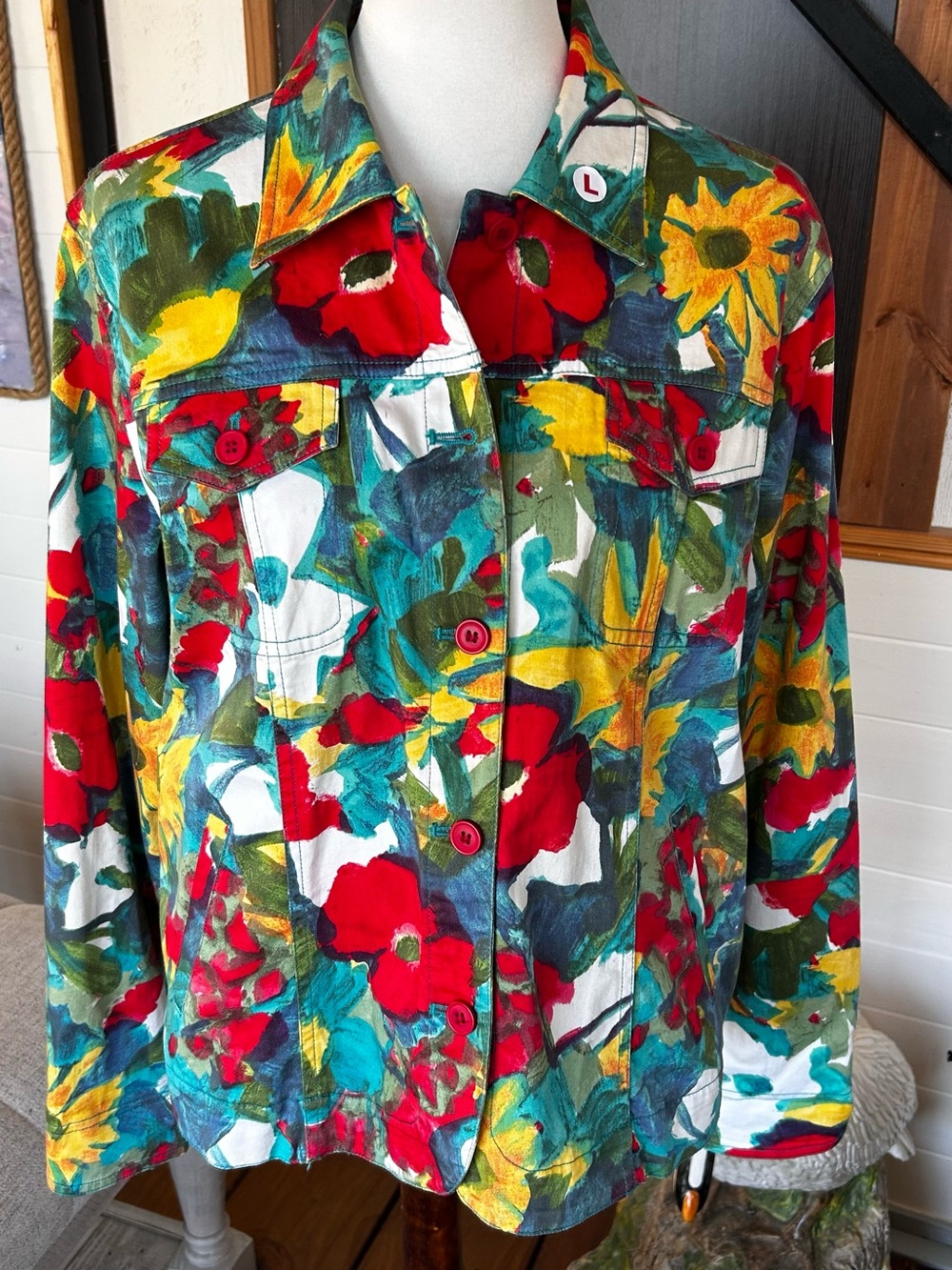 Coldwater Creek Floral Watercolor Cotton Stretch Jacket Women’s Large Artsy